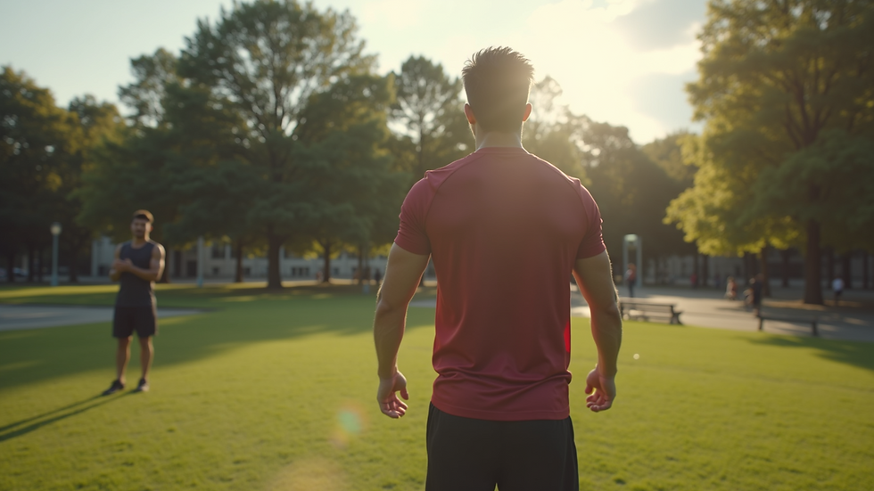 Wide angle view of a personal trainer leading a workout session in a park