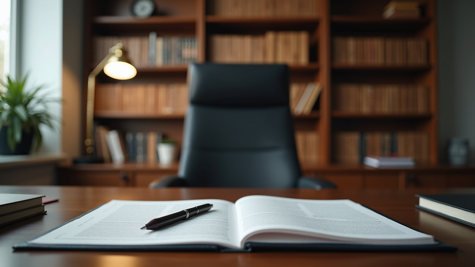 Eye-level view of a lawyer's office with legal books and a computer