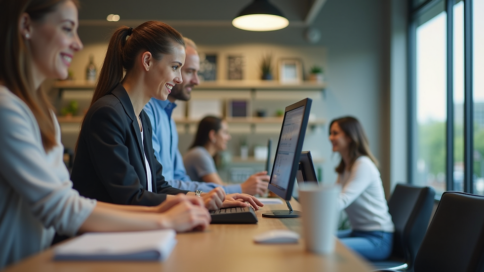 Eye-level view of consumer service desk with customer assistance