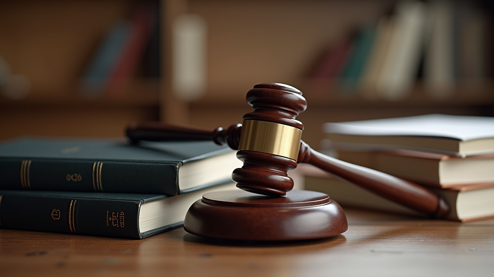 Close-up view of legal books and a gavel on a desk