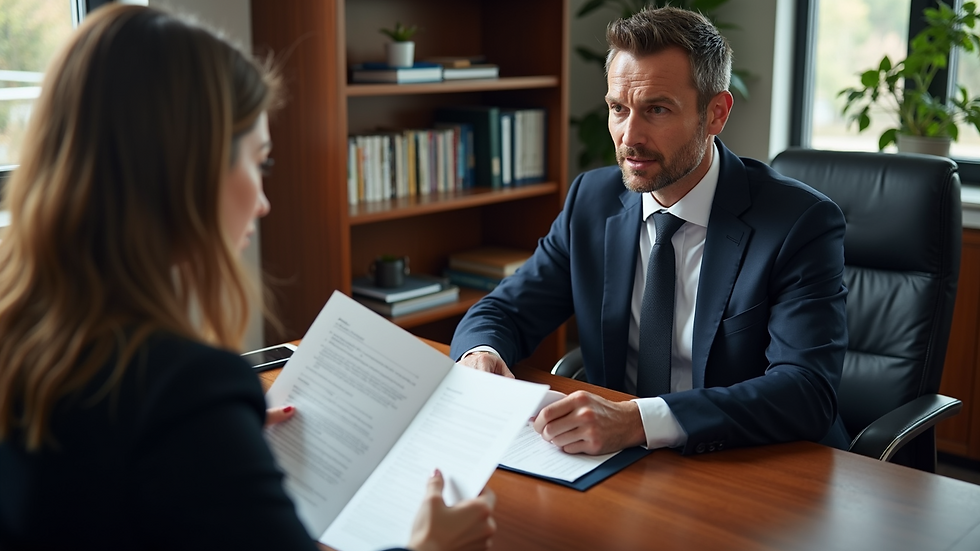 High angle view of a lawyer discussing documents with a client in an office