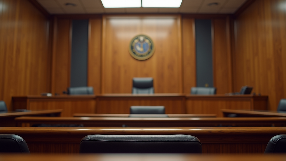 Eye-level view of a courtroom with an empty judge's bench