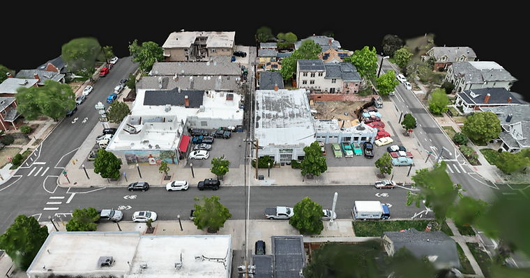 3D drone mapping model of a suburban neighborhood block.
