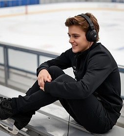 Figure skater wearing headphones and reviewing skating music before training
