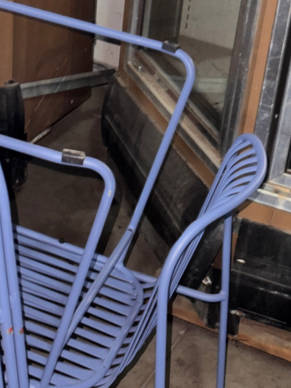 Thumbnail: Blue Metal Slatted Outdoor Bar Chairs