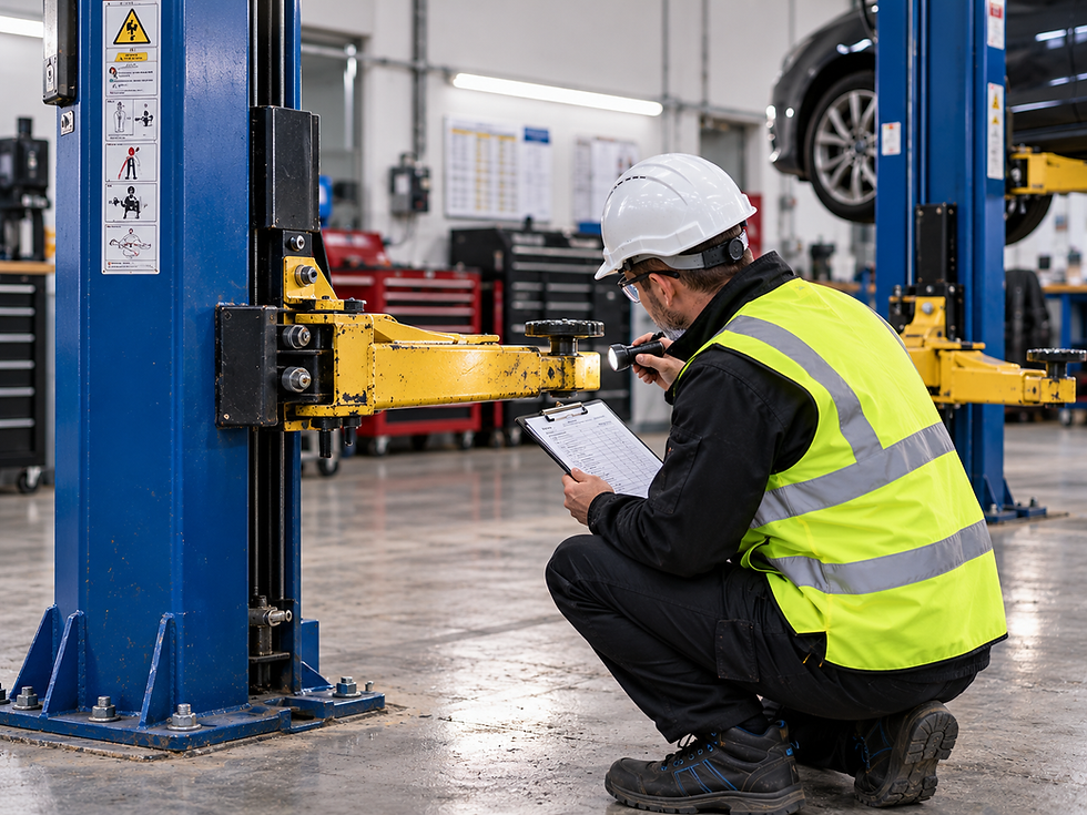 Engineer surveyor examining the arms and columns of a two-post vehicle lift