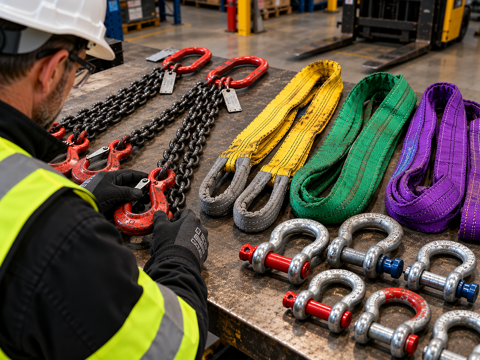 Chain slings, webbing slings and shackles laid out for a LOLER thorough examination