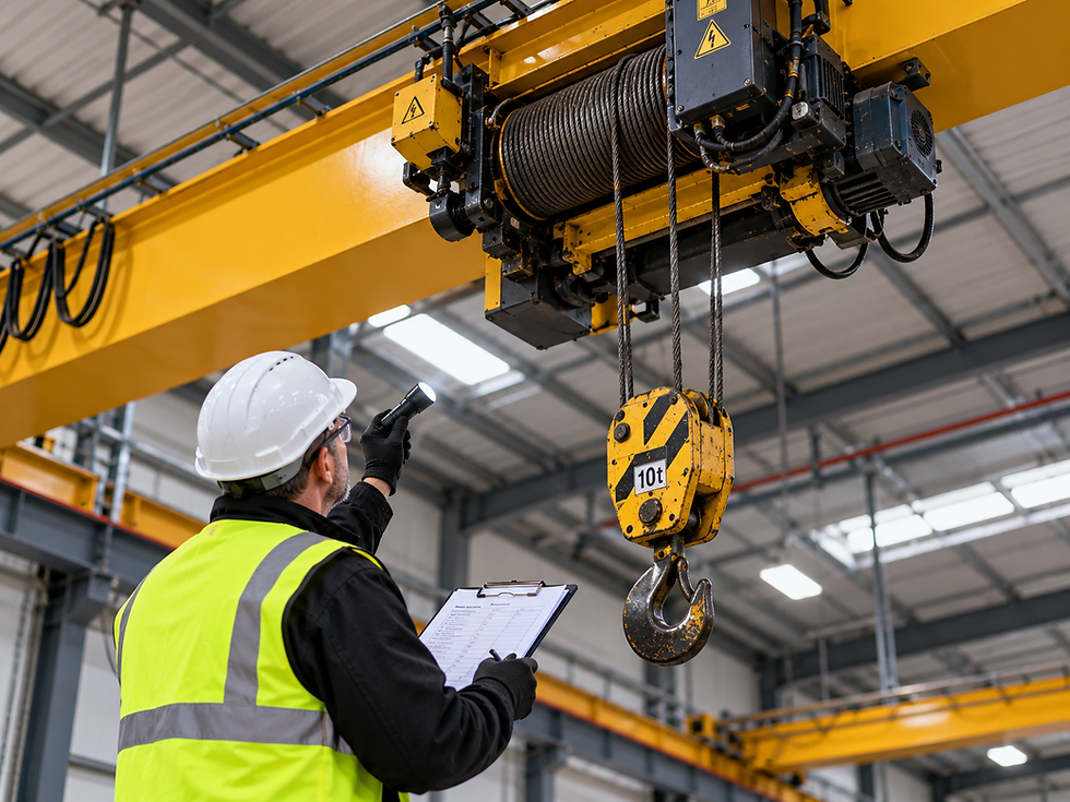 Engineer surveyor examining the hoist and hook block of an overhead travelling crane