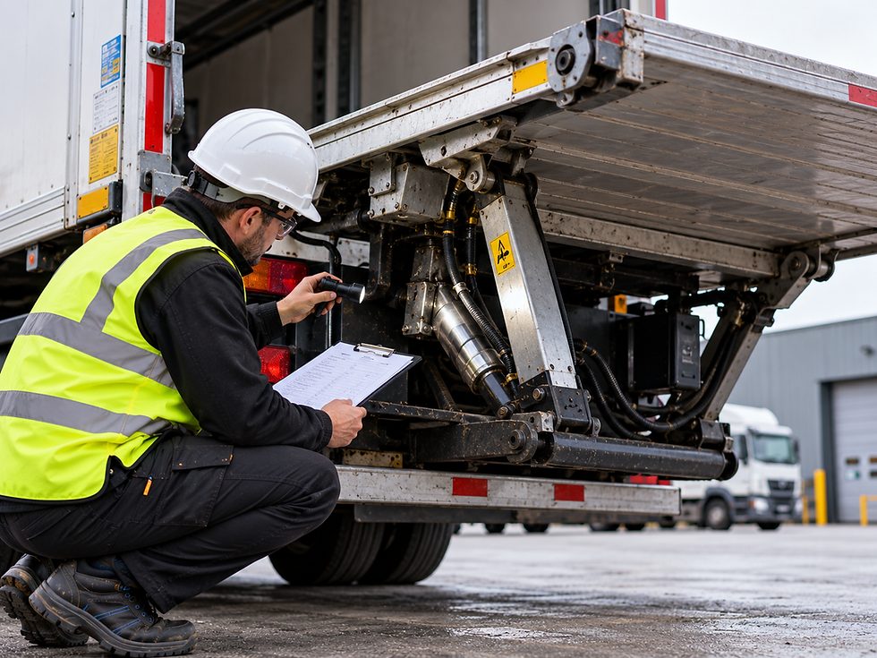 Engineer surveyor examining the platform and hydraulics of a lorry tail lift