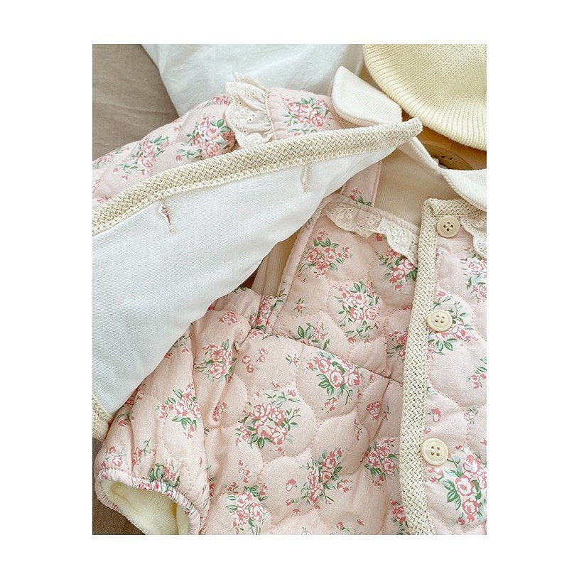 縮圖：娃娃領✨純棉長袖衫+碎花加絨背帶褲+碎花夾棉外套