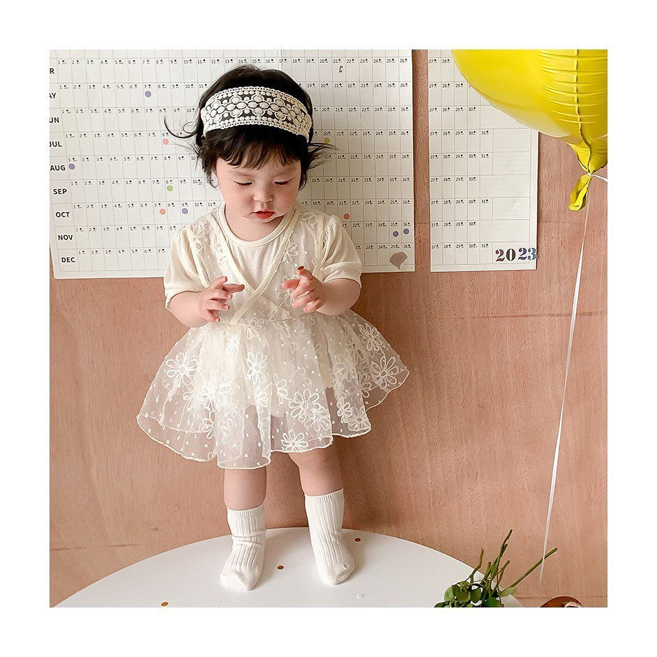 Thumbnail: 刺繡壓花✨假兩件短袖夾衣+髮帶