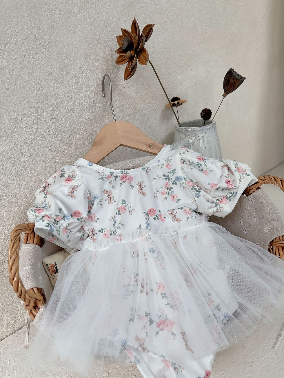 Thumbnail: Rabbit🐰 ♥網紗拼接碎花布泳衣+帽仔