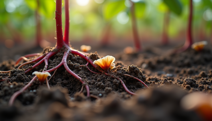 Close-up view of healthy rose roots with mycorrhizal fungi colonization