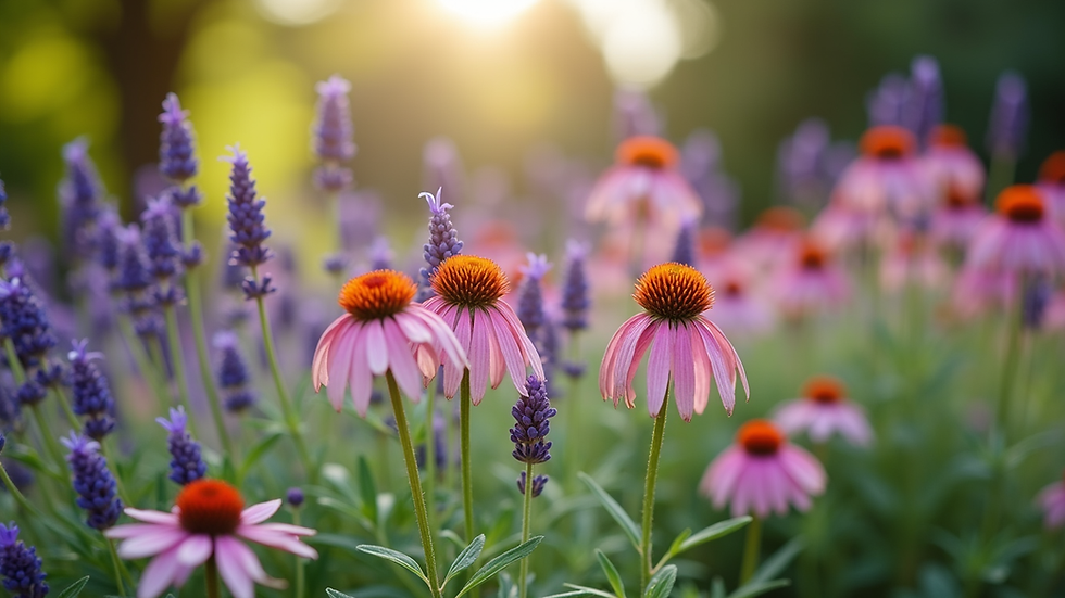Eye-level view of a colourful perennial garden bed with lavender and echinacea