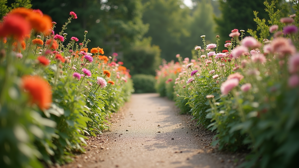 Eye-level view of a garden pathway lined with colourful flowering plants