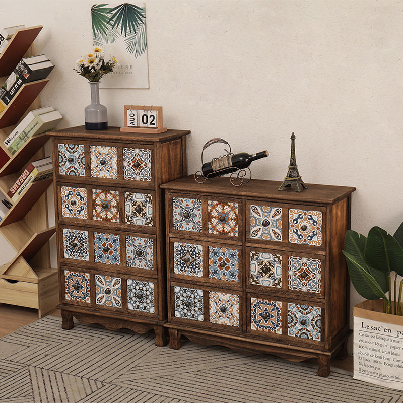 الصورة المصغرة: Retro chest cabinet Solid wood locker Painted cabinet Bedside table Small multi-
