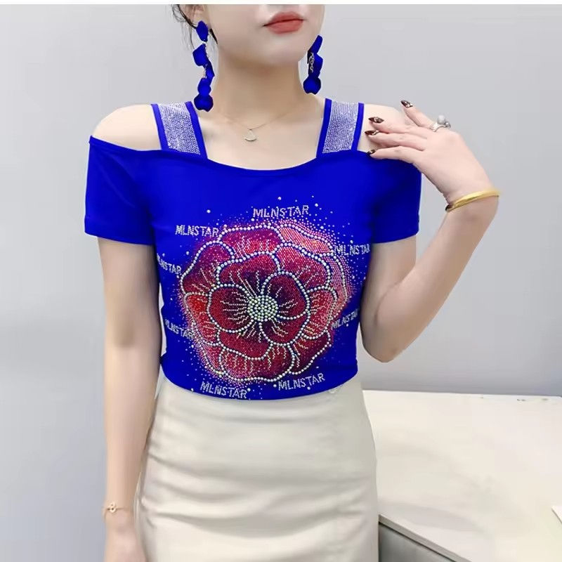الصورة المصغرة: Summer New Fashion Hot Diamonds T-Shirt Women Sexy Off The Shoulder Streetwear T