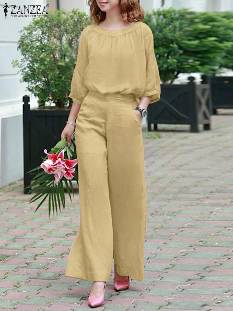 ZANZEA 2PCS Women O Neck Long Sleeve Blouse Pant Sets Autumn Outfits Casual Soli