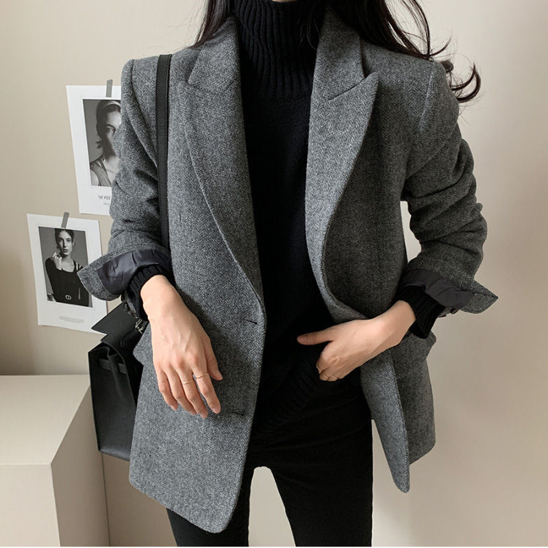 Thumbnail: Spring and Autumn New Retro Lapel Two-button Loose Long-sleeved Herringbone Wool