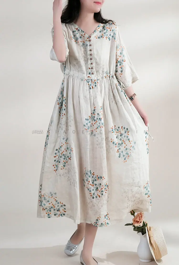 Thumbnail: Summer Dress Women 2025 Long Print Elegant Clothing Vintage Elastic Waist Korean