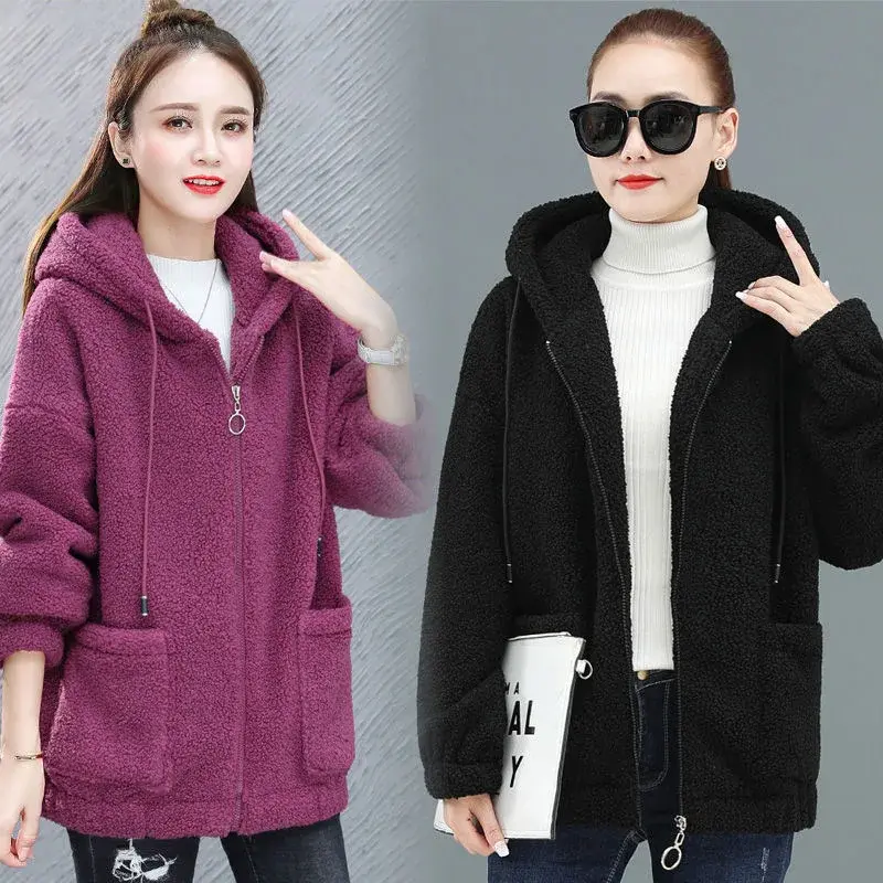 الصورة المصغرة: 2023 New Style Women's Fleece-Lined Thickened Hooded Long Sleeve Jacket Loose Fi