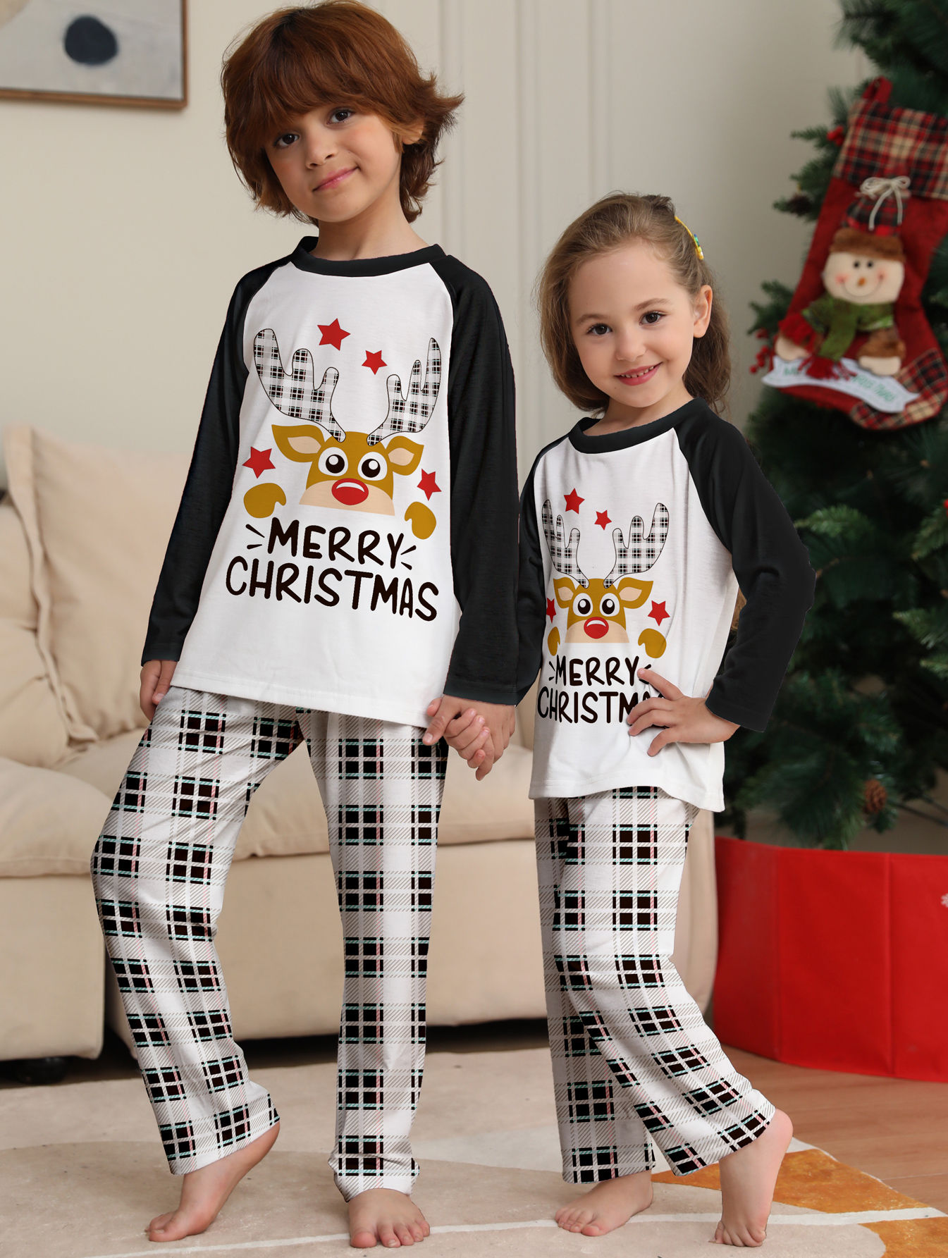 Kids Christmas Pajamas Set - Reindeer & “MERRY CHRISTMAS” Print Raglan Top w