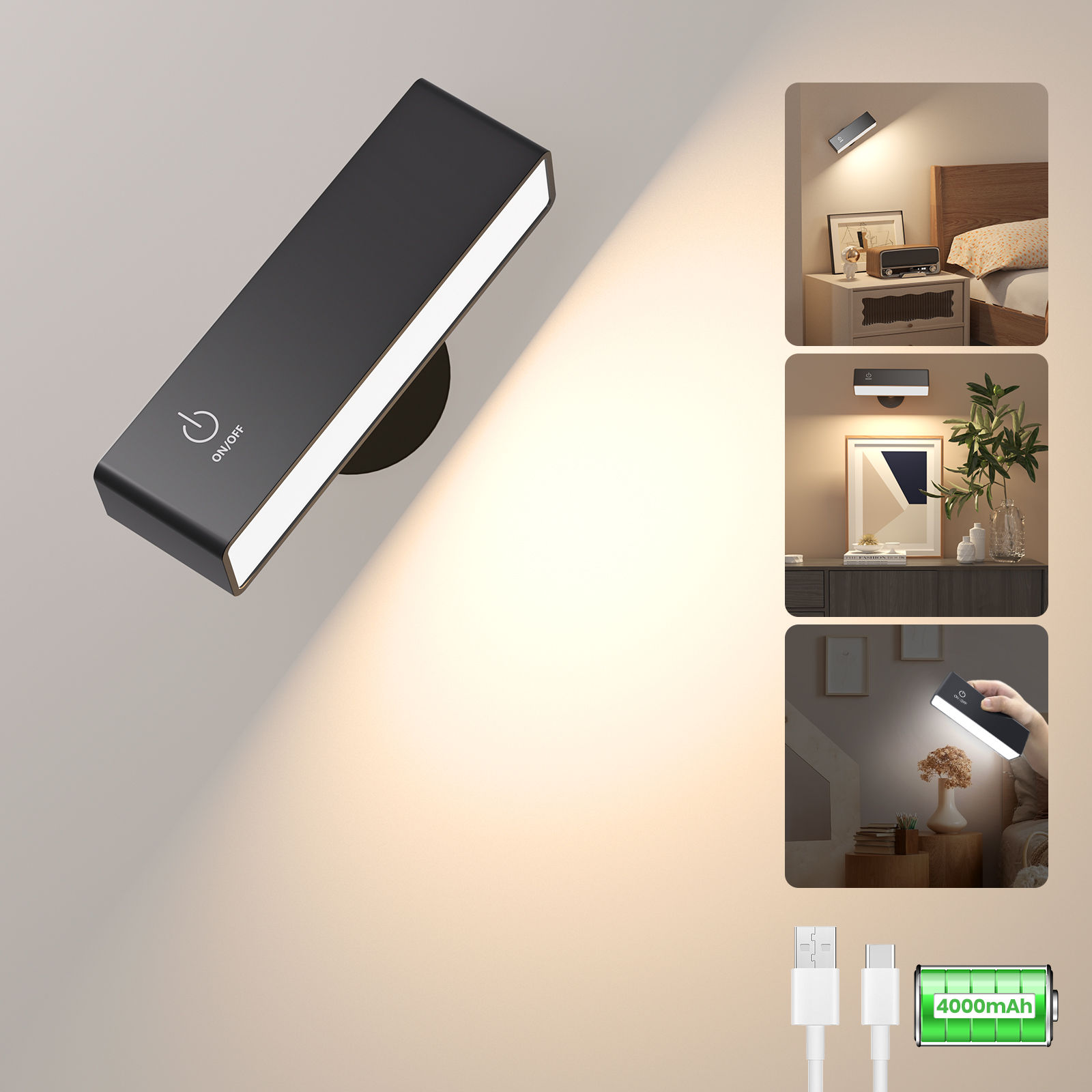 Led Wall Lights Type C Rechargeable Wall Mounted Bedside Lamp 360 Rotate Magneti