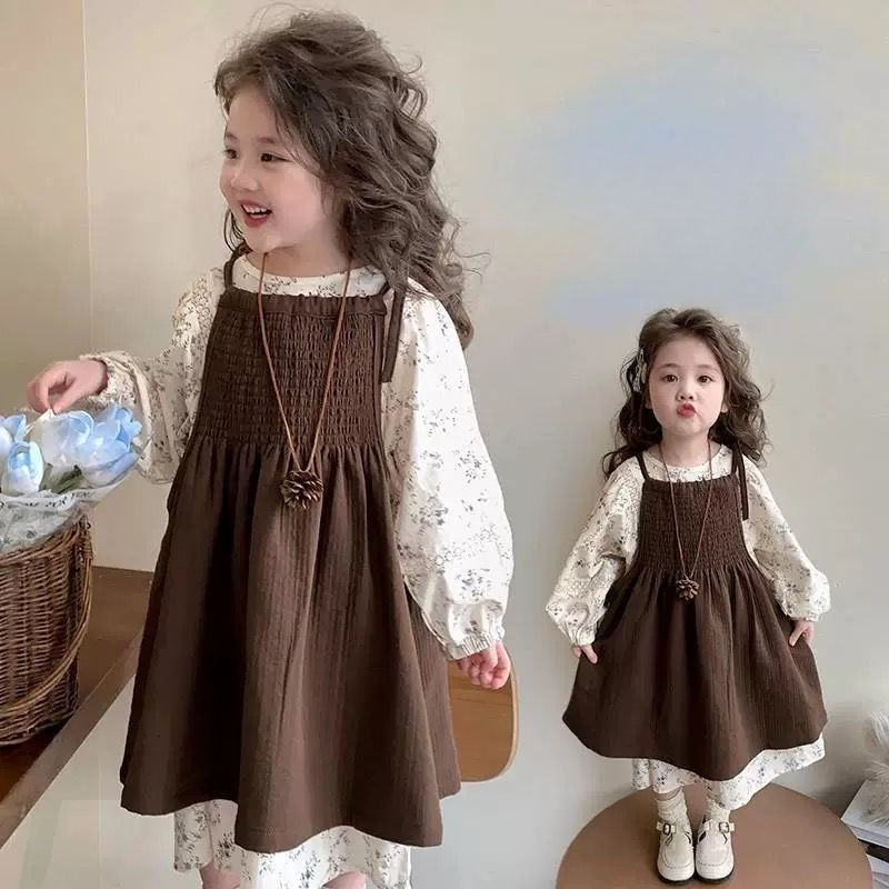 الصورة المصغرة: Girls Casual Dresses Early Fall Girls' Floral Dress Set Korean Style Jumper + To