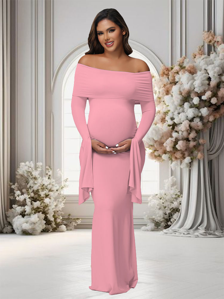 Thumbnail: Maternity Off Shoulder Long Sleeve Bodycon Elegant Dress Pregnancy Photography B