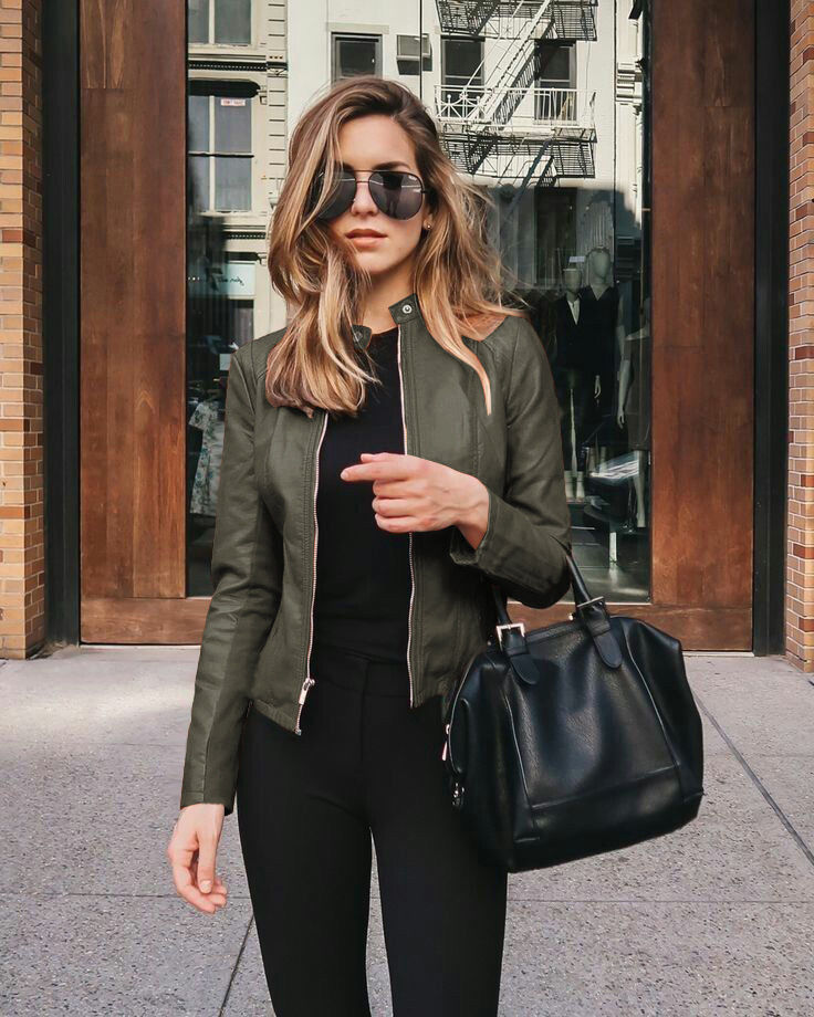 الصورة المصغرة: Vintage Women PU Leather Bomber Jacket Fashion Casual Autumn Winter Zipper Windb