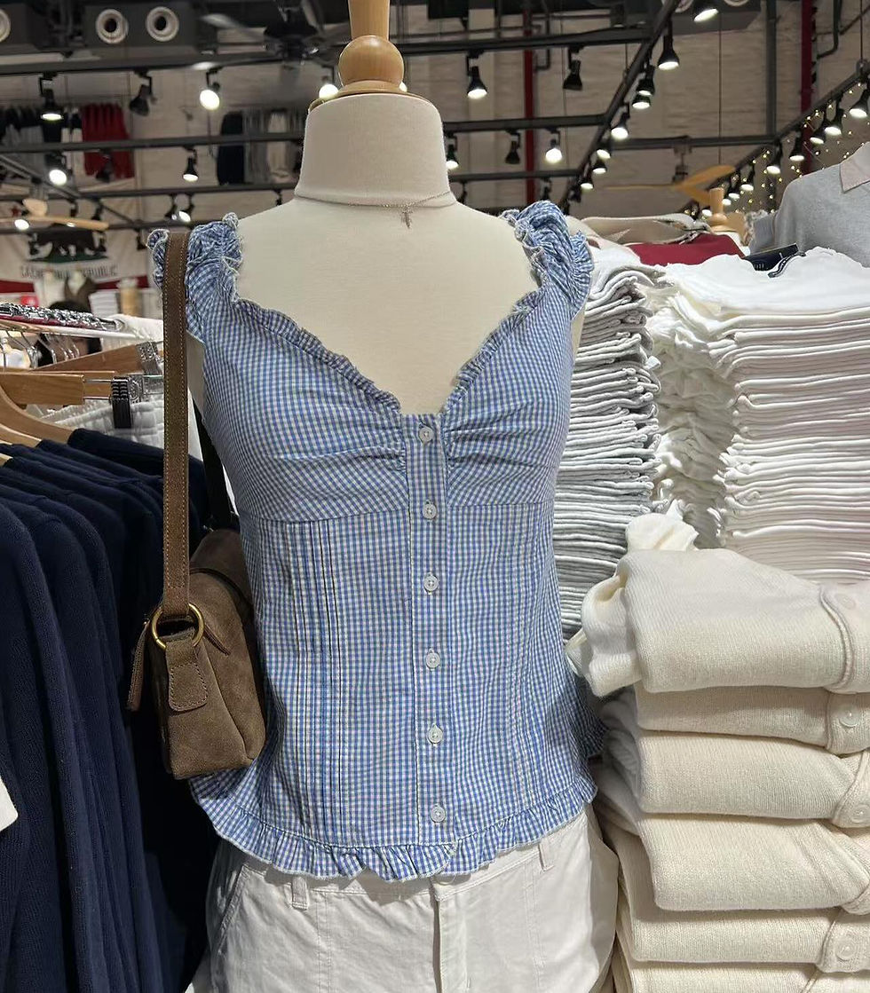 Blue Plaid Fungus T-shirt Women V Neck Single Breasted Puff Sleeve Slim Folds Te