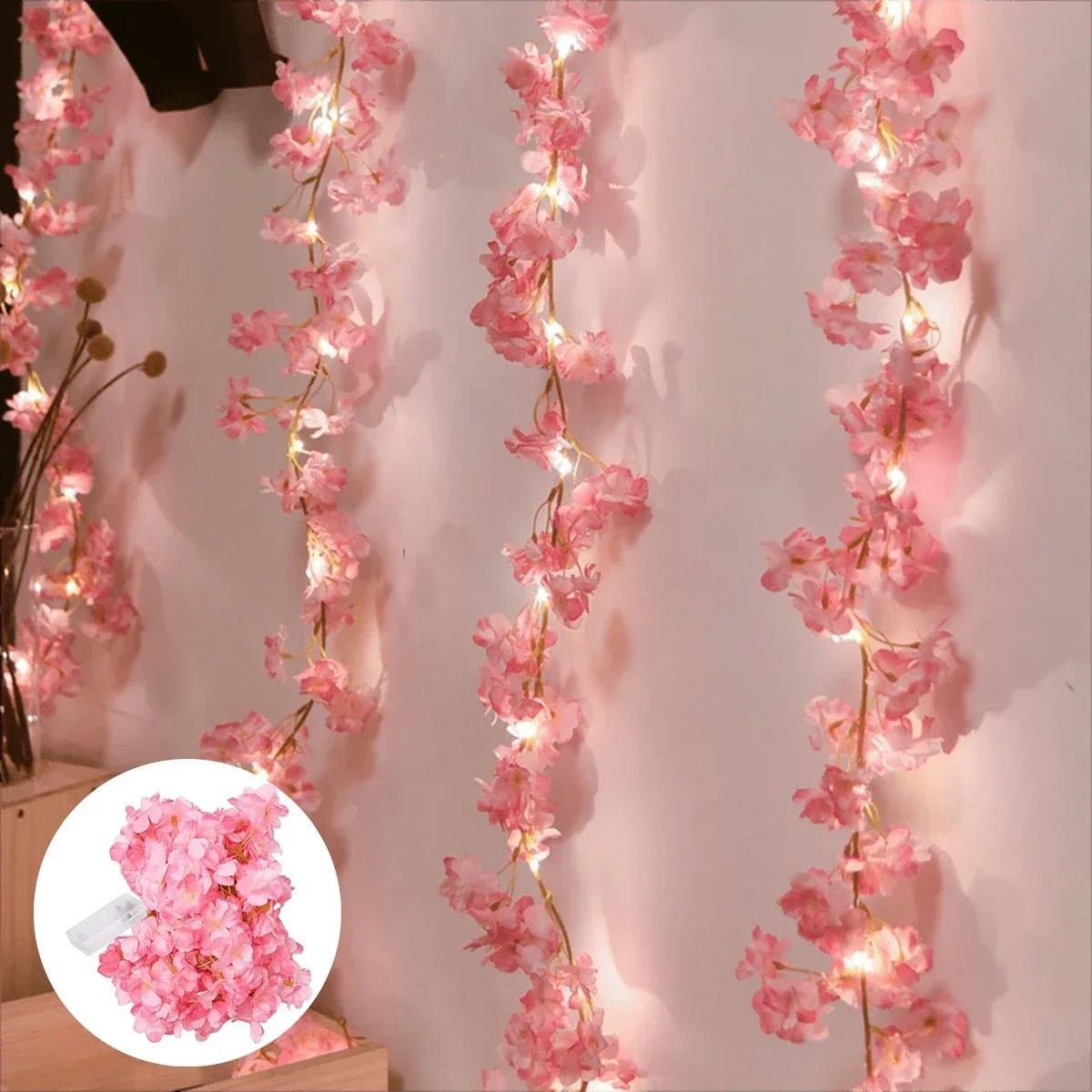 180CM Pink Artificial Flowers LED Lamp Vine Fake Flowers for Home Bedroom Decor
