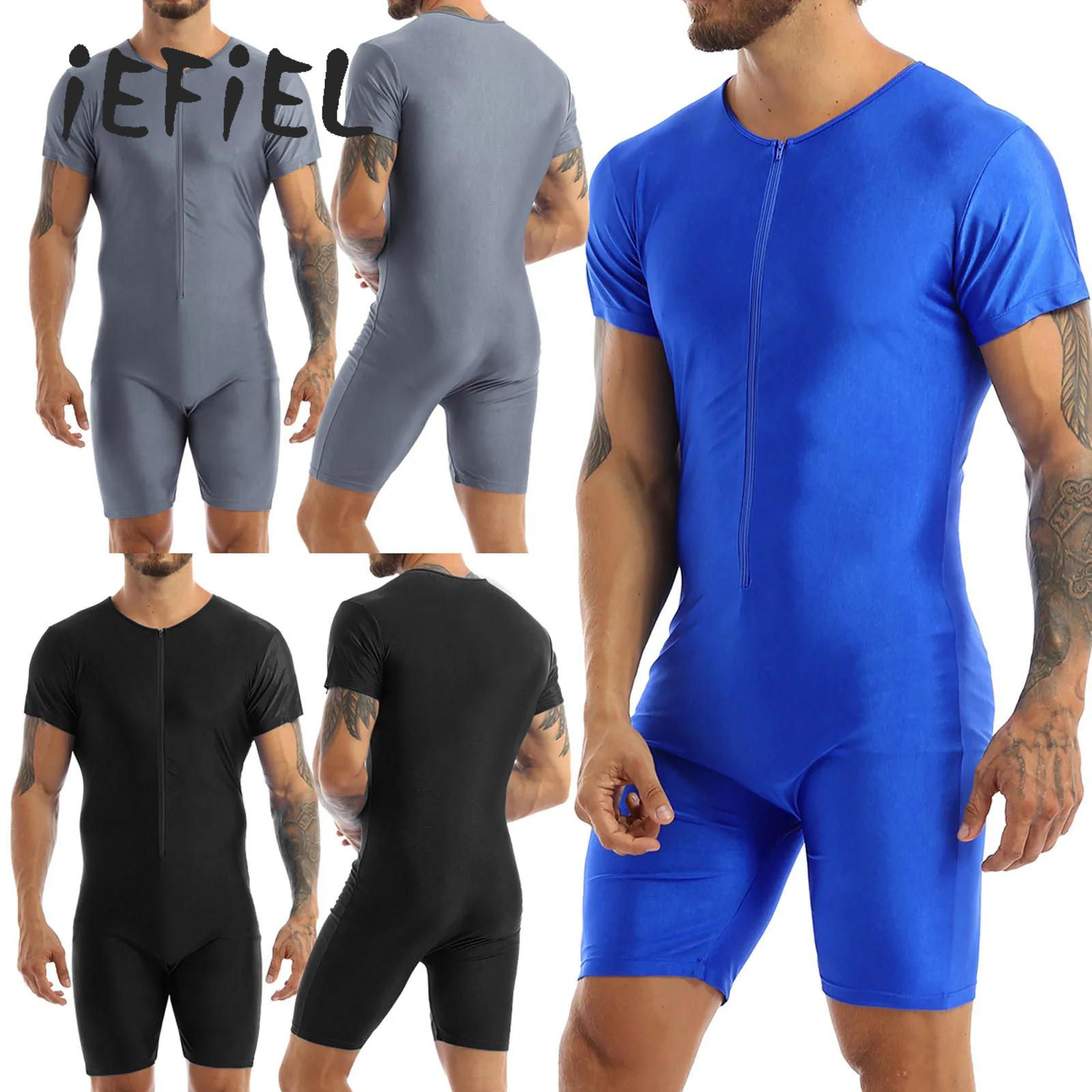 Men Spandex Stretchy Boxer Shorts Leotard Bodysuit One-piece Swimwear Short Slee