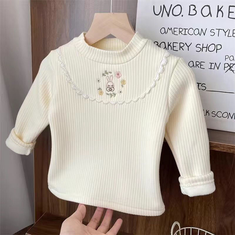 الصورة المصغرة: 1pcs Children's T-Shirts Cartoon Embroidery Velvet warm top Kids Half High Colla