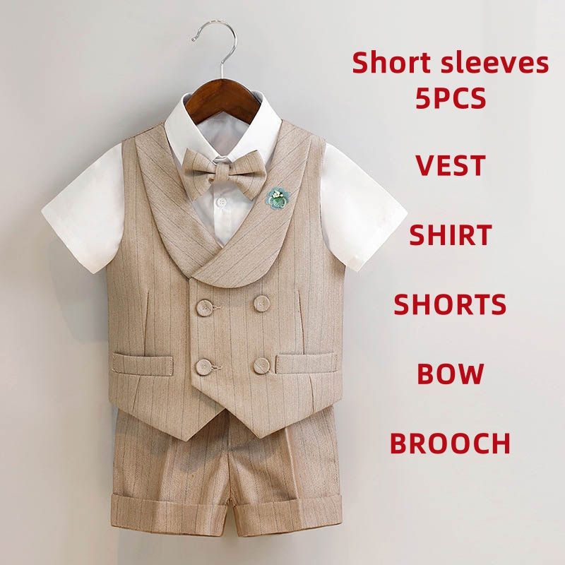الصورة المصغرة: Children's Boys Khaki Striped Suit Set Formal Luxurious Kids Boys Wedding Suit E