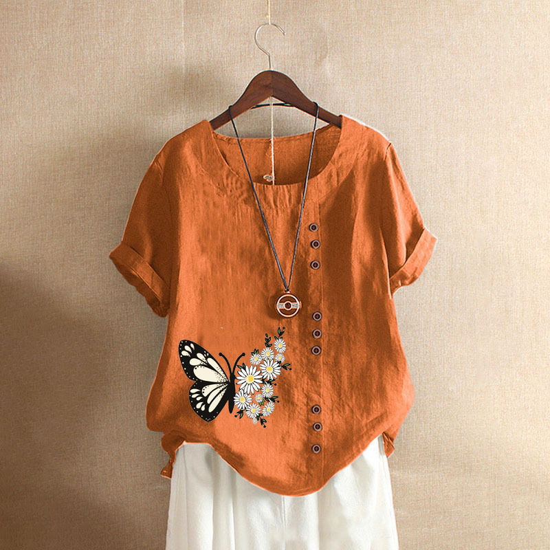 الصورة المصغرة: Women Clothing Cotton Linen Streetwear Summer Y2k Tops Vintage Fashion Tshirt Ca