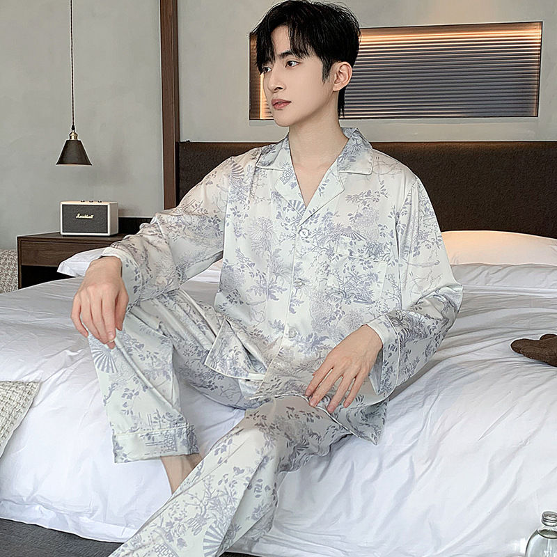 Thumbnail: Men Pajamas Set Shorts Silk Satin Pajamas Long Sleeve Printed silk pajamas blue 