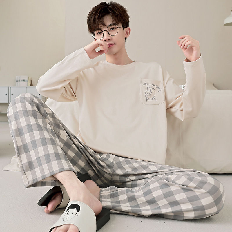 Thumbnail: Men's Pajamas Spring Autumn 100% Cotton Youth Pajamas Student Suits Fashionable 