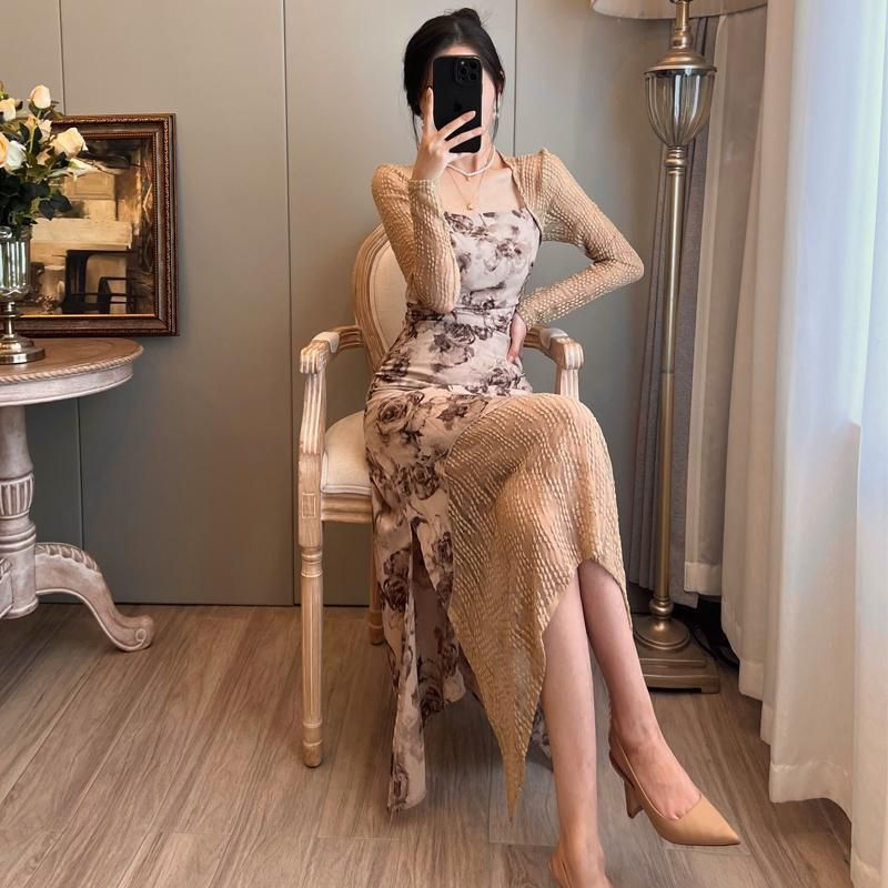 Woman Long Sleeve Dress Flower Kpop New in Clothes Hot Beach Retro Thic Korean F