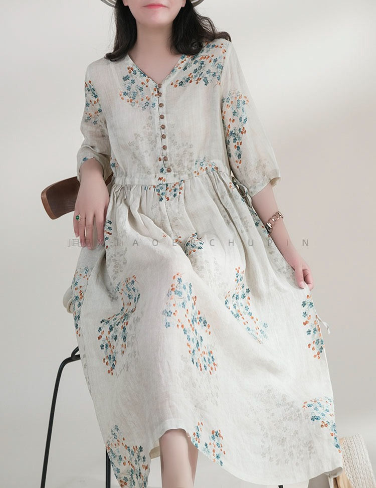 Thumbnail: Summer Dress Women 2025 Long Print Elegant Clothing Vintage Elastic Waist Korean