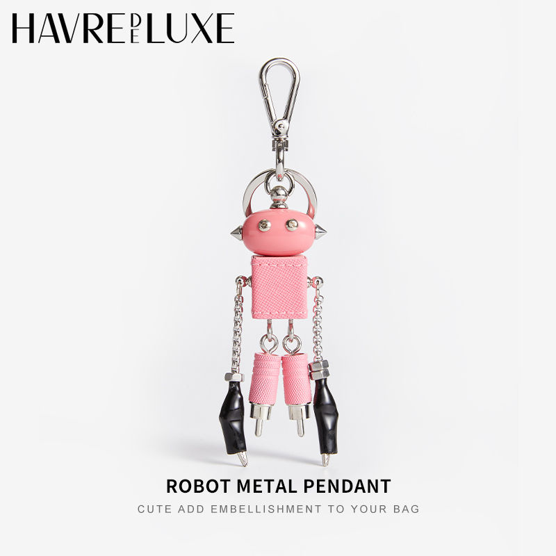 الصورة المصغرة: Sheepskin Robot Pendant leather bag charm hanging keychain Punk bag metal charms