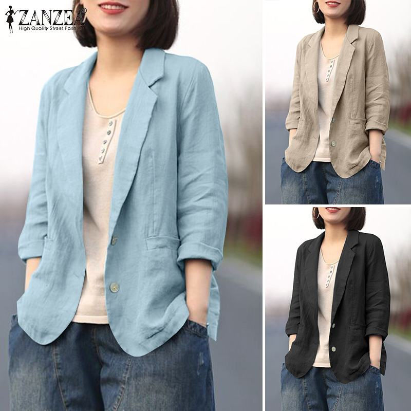الصورة المصغرة: ZANZEA Women Elegant Cotton Jackets Suits Loose Vintage Work Coats Casual Outwea
