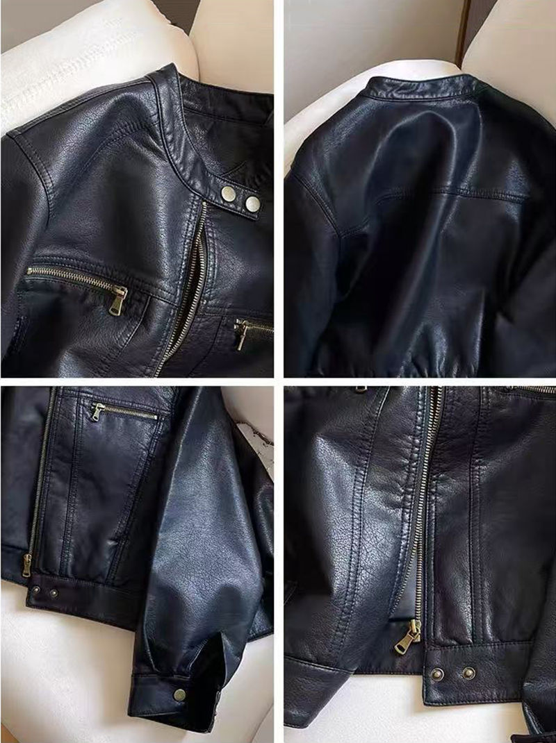 الصورة المصغرة: Vintage Pu Leather Crop Jacket for Women Y2K Autumn Streetwear Loose Stand Colla