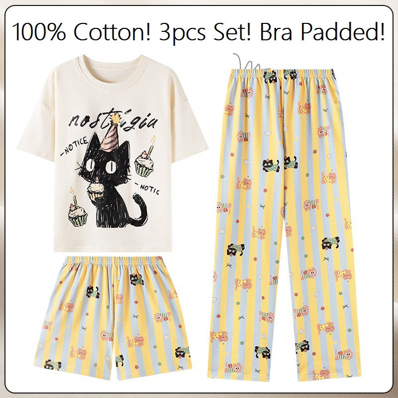 100% Cotton Kawaii Youth Women's Pyjamas Young Girls Sleepwear 3pcs Chic Cartoon