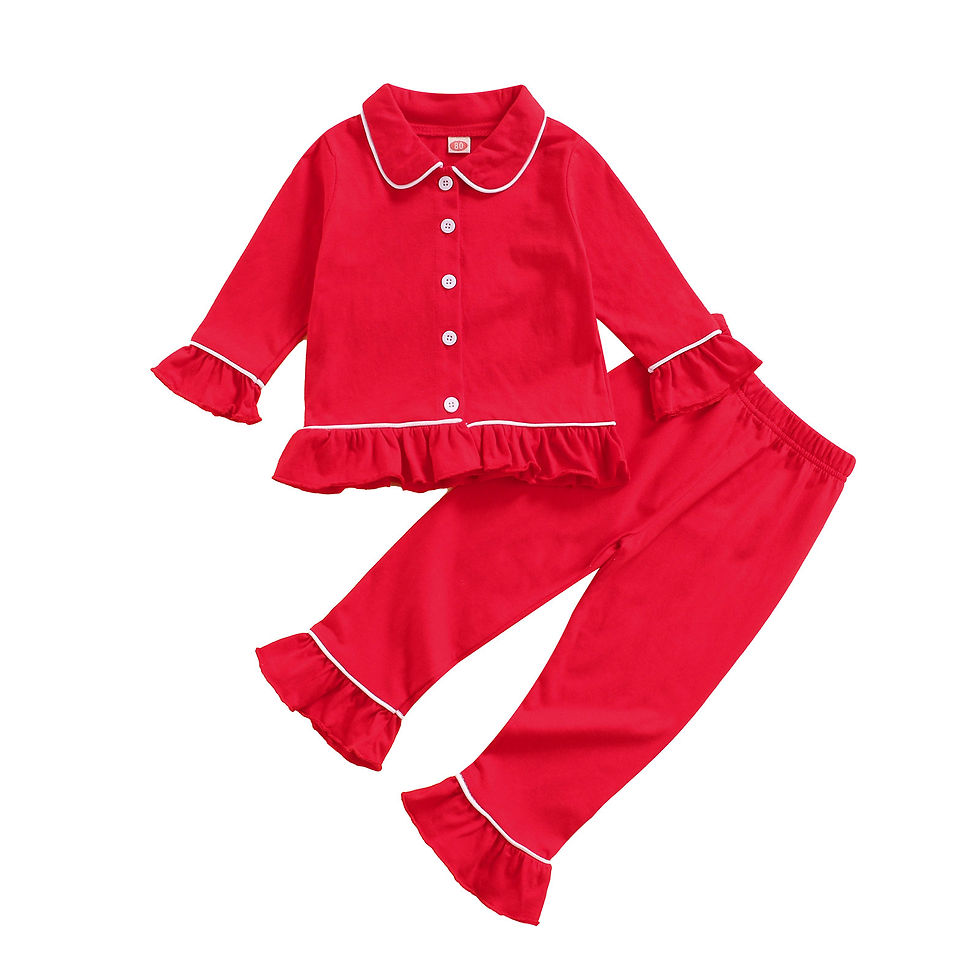 الصورة المصغرة: Baby Girls Pyjama Sets Cotton Long Sleeve Lapel Ruffle Hem Buttons Red Tops Pant