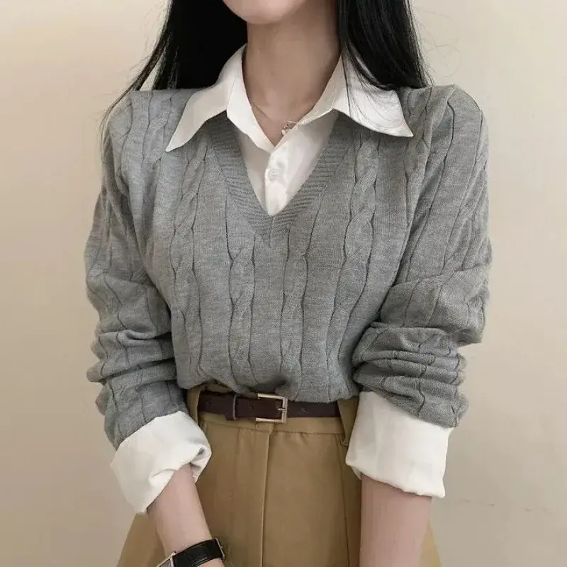 الصورة المصغرة: Korean Chic Spring and Autumn Age-Reducing Sweaters Retro Temperament Preppy Fak