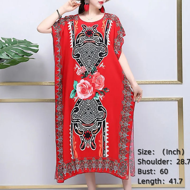 Thumbnail: Woman Summer Dress Bohemian Printed Street Wear Batwing Sleeve Loose Tunic Casua