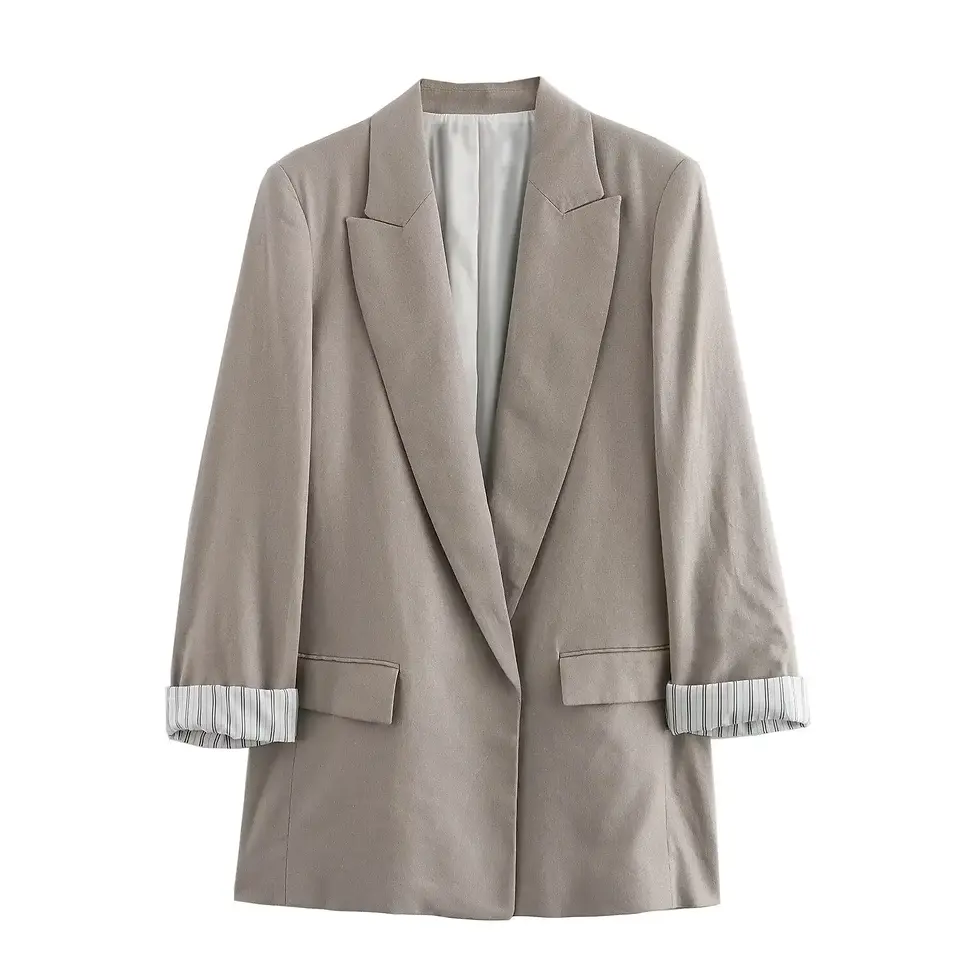الصورة المصغرة: ASDS Women Fashion Solid Linen Blazer Notched Collar Long Roll up Sleeves Female