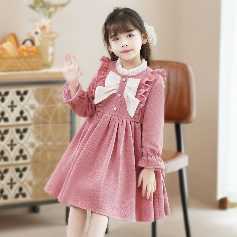 الصورة المصغرة: Young Girls' Winter Princess Clothes Red Thickened Velvet Dresses Baby Girl One-