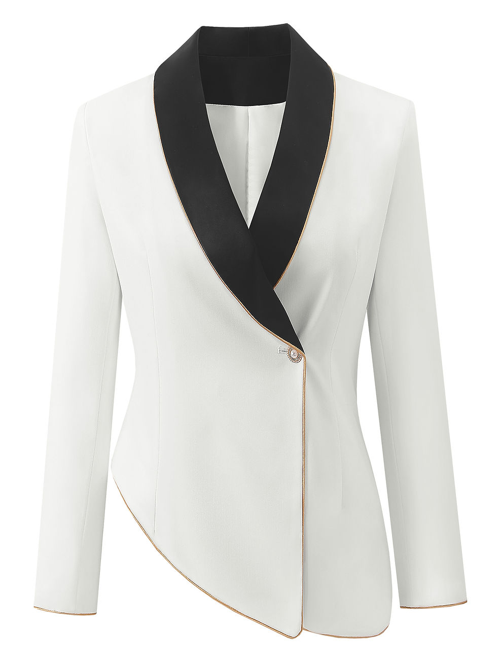 الصورة المصغرة: Elegant Asymmetrical White Blazer with Black Contrast Lapels